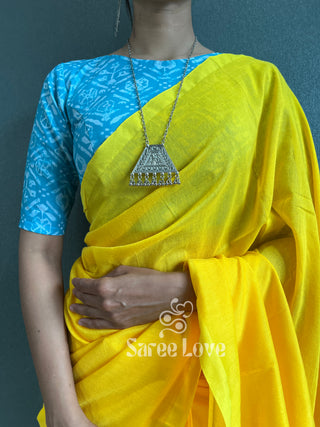 Yellow Cotton Saree With Blue Printed Blouse