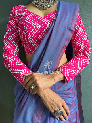 Blue Dual Tone Cotton Saree With Pink Abstract Print Blouse