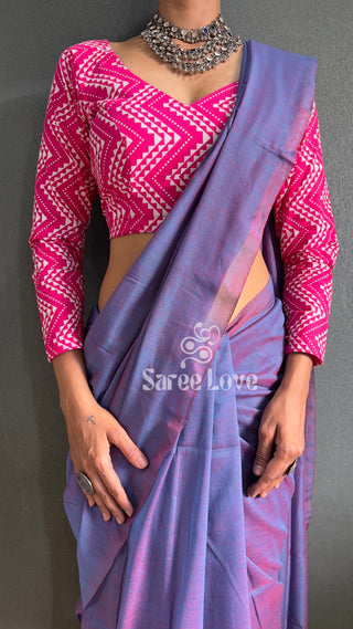 Blue Dual Tone Cotton Saree With Pink Abstract Print Blouse