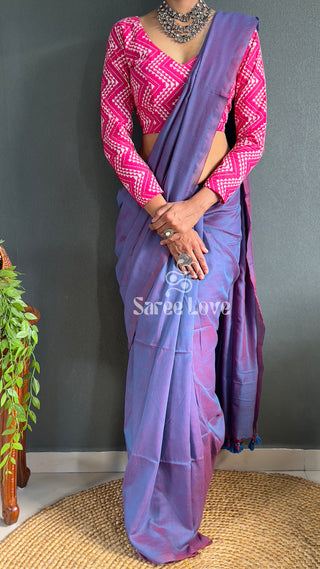 Blue Dual Tone Cotton Saree With Pink Abstract Print Blouse